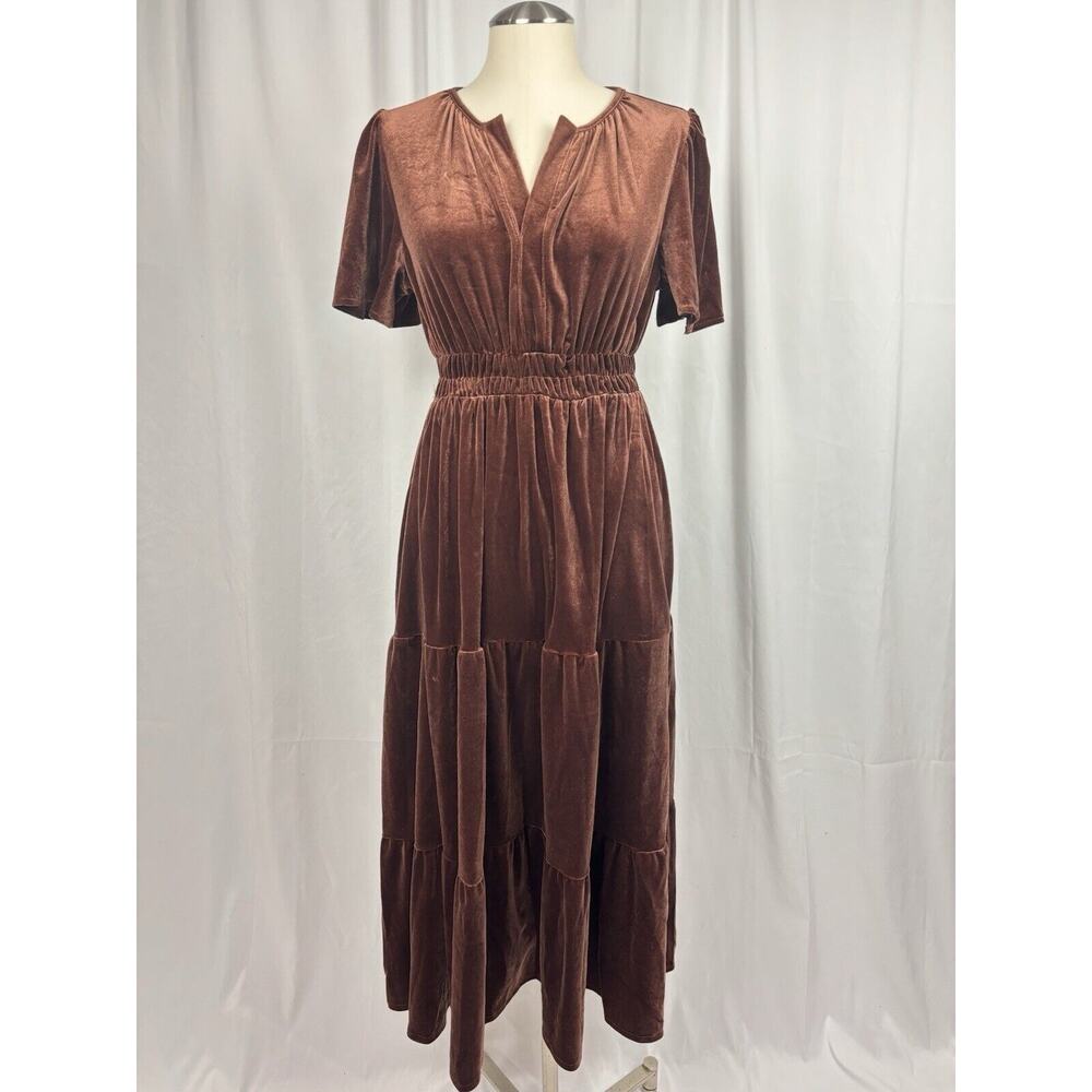 Women’s Velvet Tiered Short Sleeve Elastic Waist Maxi Dress Coffee Brown S